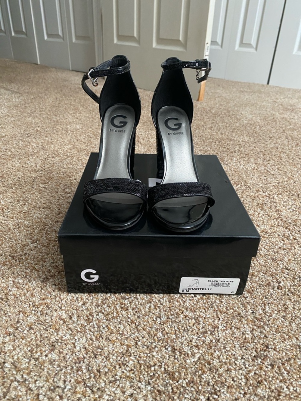 G by Guess Black Patent and Textured Ankle-Strap Heels